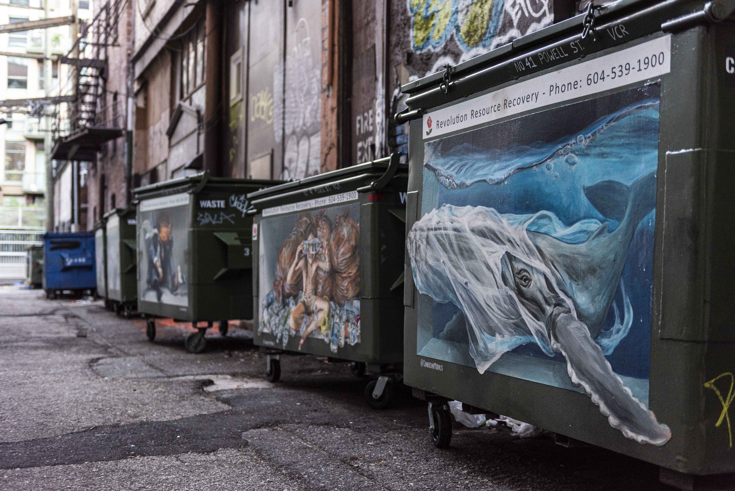 Series of seven dumpsters painted with different murals to raise environmental awareness.