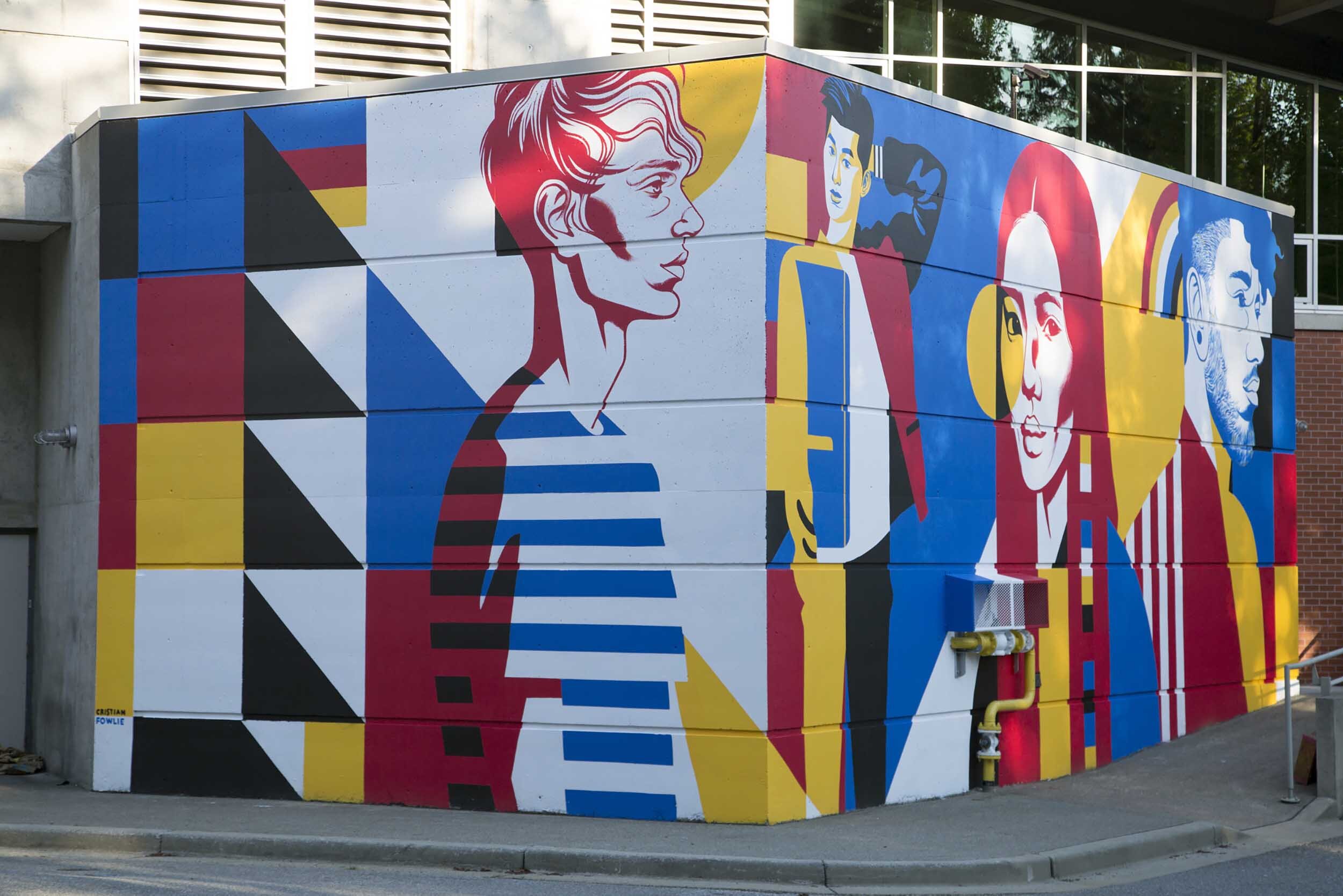 Local Artist Cristian Fowlie's art mural of shapes around people at Capilano University for VMF