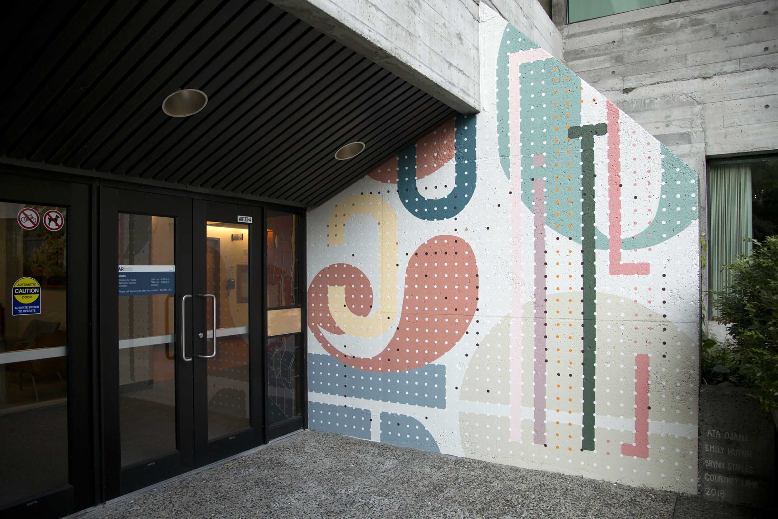 Local IDEA Artists’ art mural of colourful shapes at Capilano University for VMF