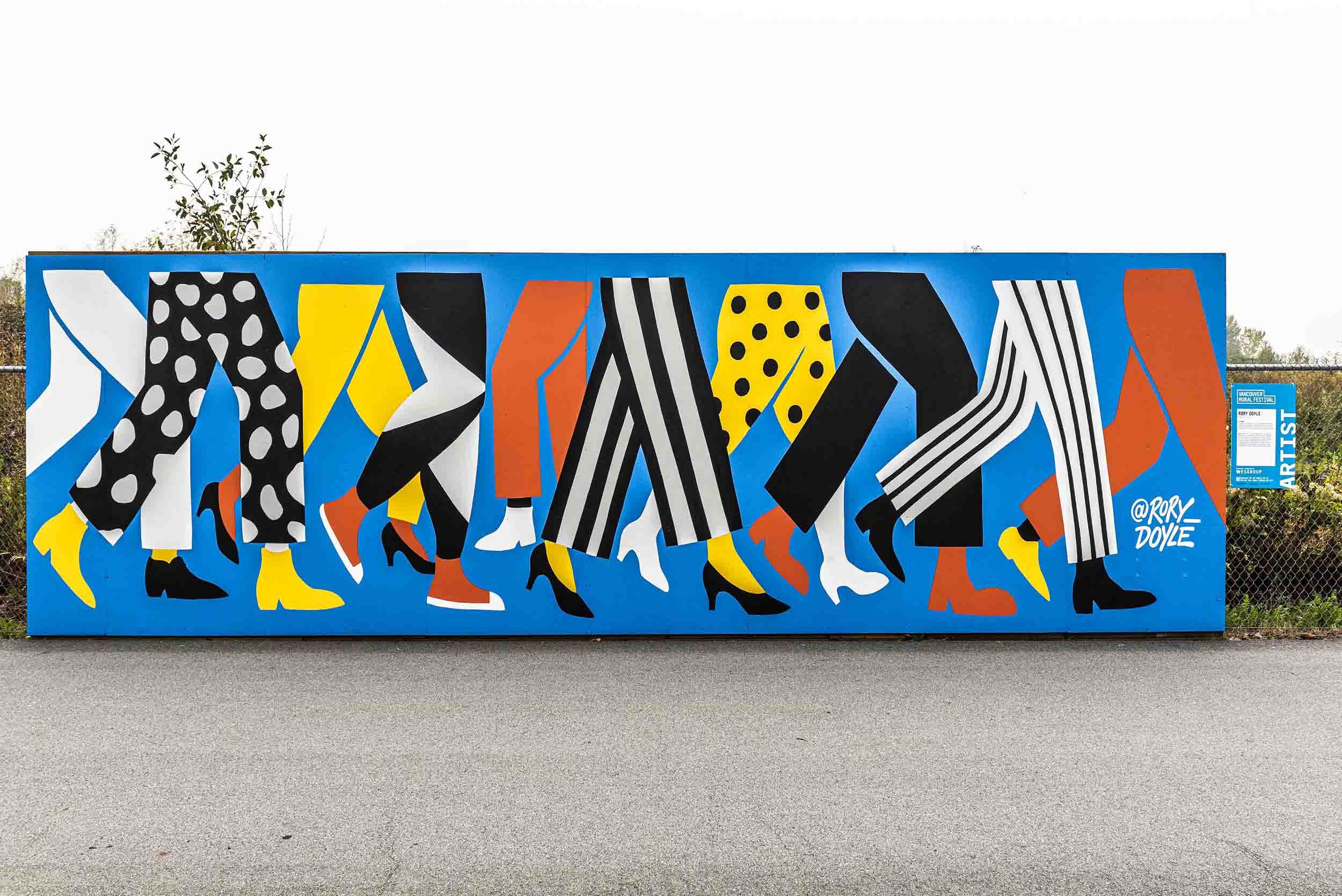 Artist Rory Doyle's River District mural of people’s legs walking - for Vancouver Mural Festival 2020