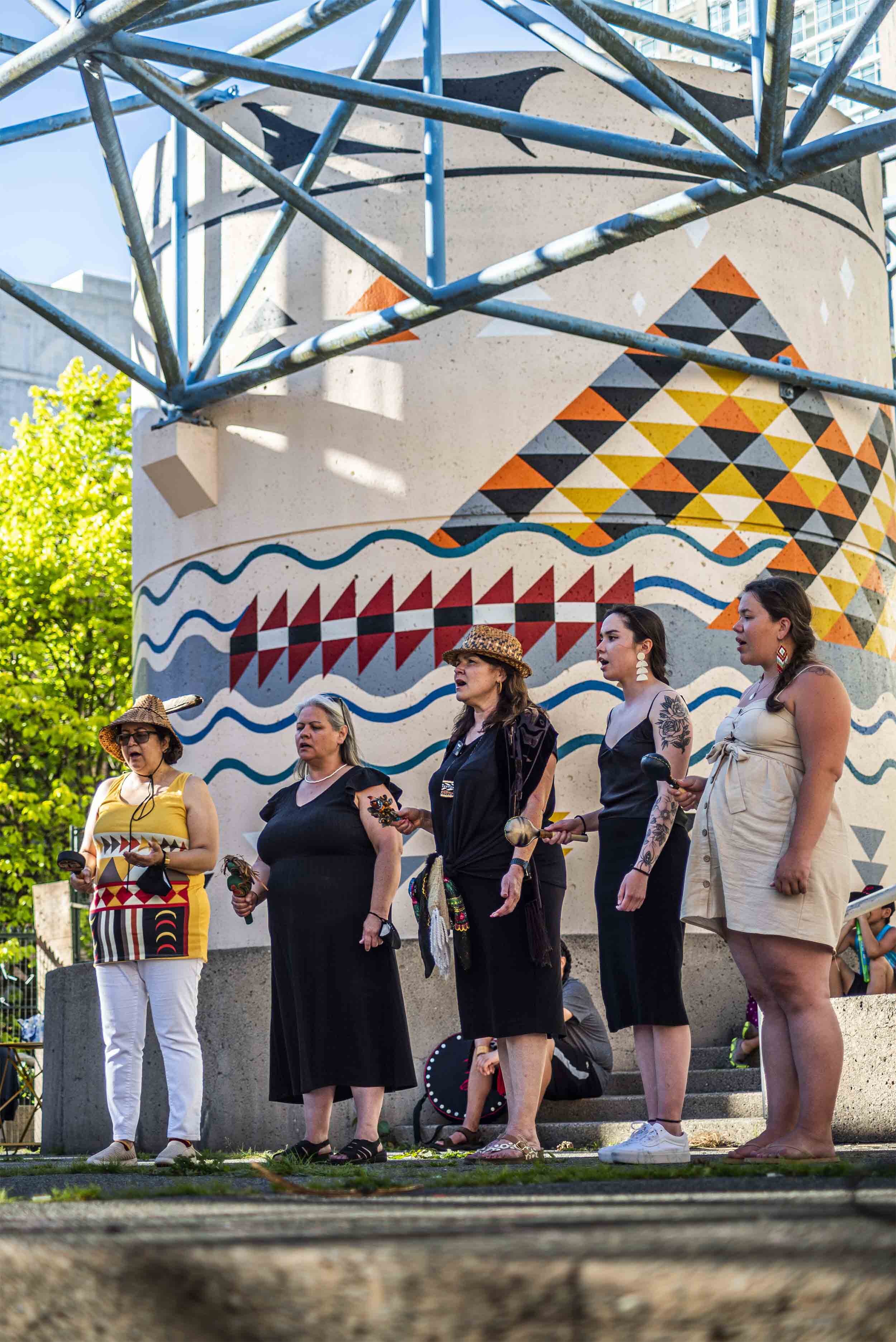 Angela George (Tsleil-Waututh) and Women singing for Blanketing The City at Cathedral Square Opening Ceremony.jpg